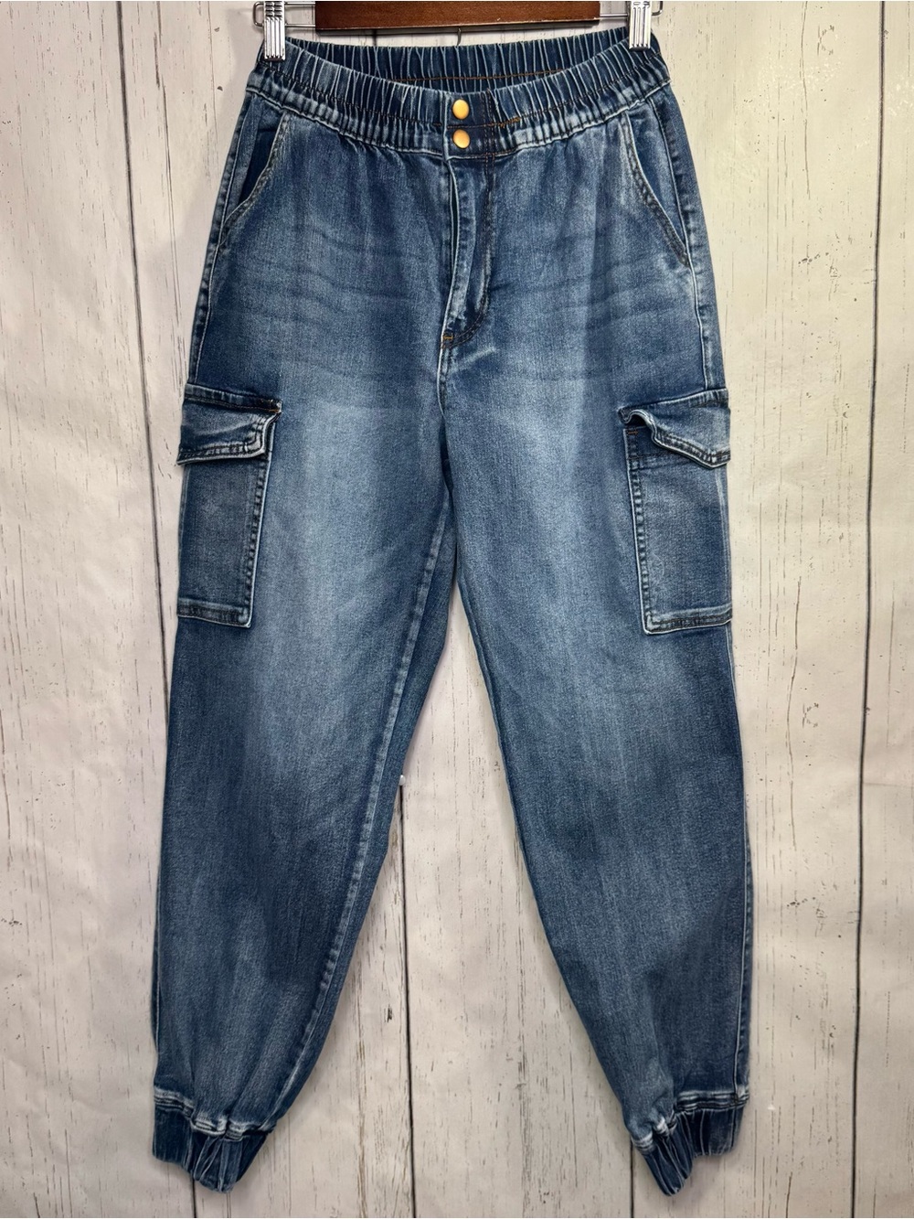 Madden Girl Blue Denim Cargo Jogger Pants Size M Y2K Utility Streetwear Relaxed